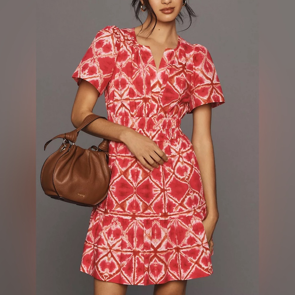 Anthropologie Somerset Mini Dress Women Pink Smocked Poplin Tiered Pockets